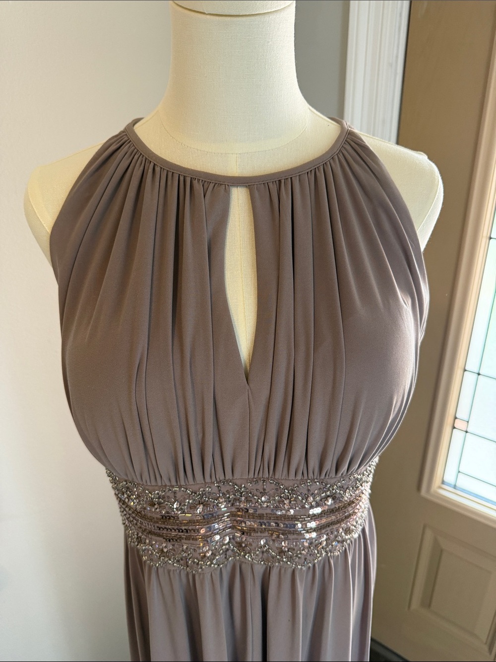 R & M Richards Taupe Halter Maxi Gown with Sequin Waistband - Picture 2 of 5